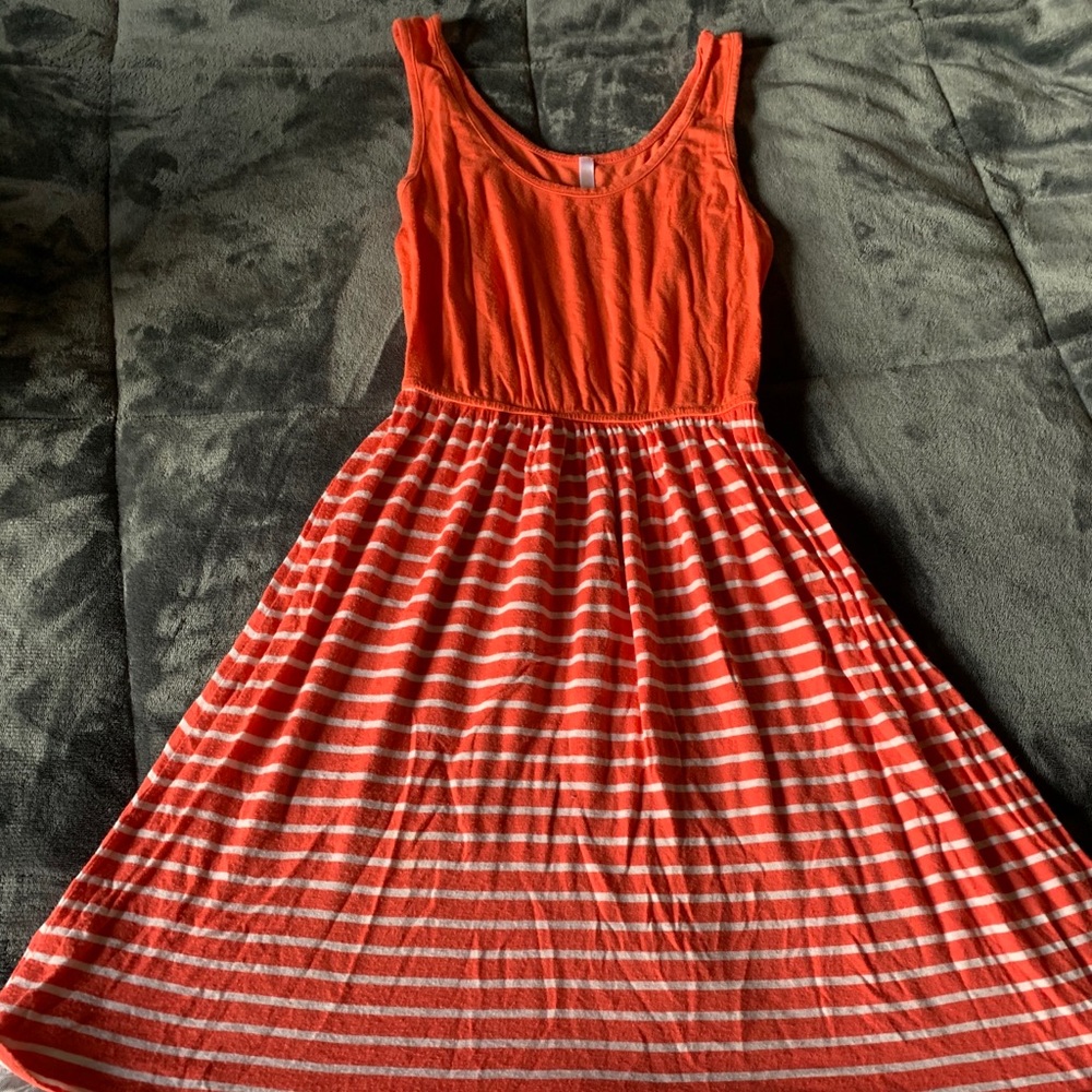 Orange stripe dress, white lace trim